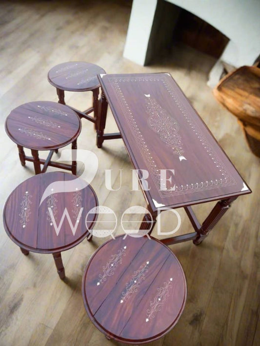 Solid Sheesham Wood 🪵 Center Tables Set (1 Main+ 4 Stools) 🏡