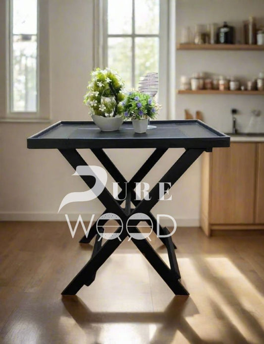 🪵✨ Modern Jet Black Coffee Tray Folding Table