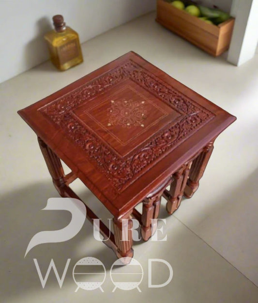 🌳 Chinioti Sheesham Table Set Of 3 Tables (1 Main + 2 Stools Table)